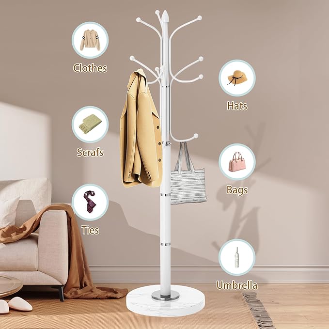 Coat Rack with Natural Marble Base, Metal Modern Coat Racks Freestanding, Coat Rack Stand with 12 Hooks, Coat Tree Hats Hanger Stand for Entryway, Hallway (12 Hooks-White)