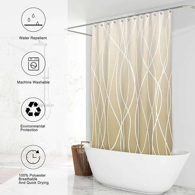 Punkray Ombre Khaki Beige Ivory Shower Curtain for Bathroom with Hooks, Stripe Bath Curtains Decorative Shower Curtains Water Repellent Washable, 72 x 72
