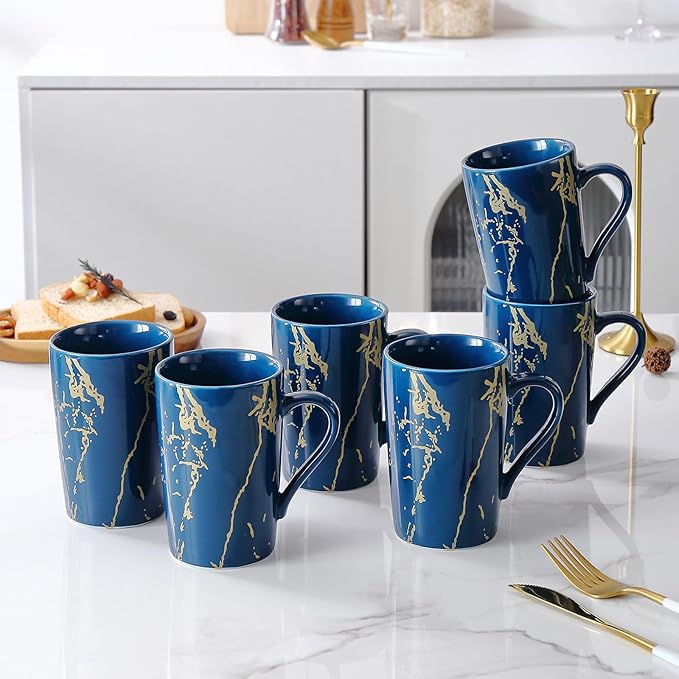 Porcelain Coffee Mugs, 12 Ounce, Set of 6, Blue | Hot Tea | Cappuccino | Mocha | Cocoa | Cups for Latte