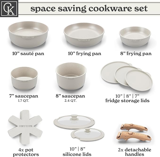 Country Kitchen Cookware Set with Removable Handle, Oven & RV Safe Pots and Pans Set, Cream Gold Speckle Wood Handle, Original