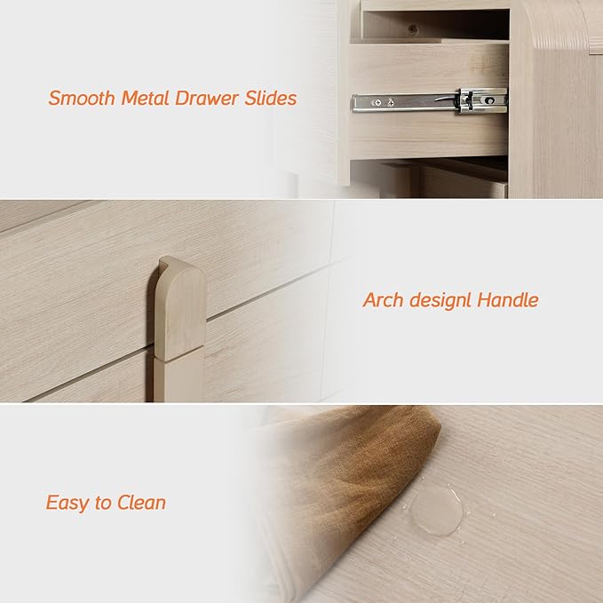 WAMPAT 5 Piece Dresser and Nightstand Sets for Bedroom, Modern 47.2" Wide 6 Drawer Chest & 3 Drawer Dresser Set of 2, and Nightstand Set of 2 with Charging Station for Bedroom, Living Room, Light Oak