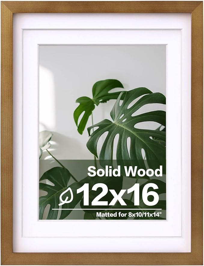 Egofine 12x16 Picture Frame Made of Solid Wood with Plexiglass, Display Pictures 9x12/11x14 with Mat or 12x16 Without Mat, for Wall Mounting Photo Frame, Light Brown