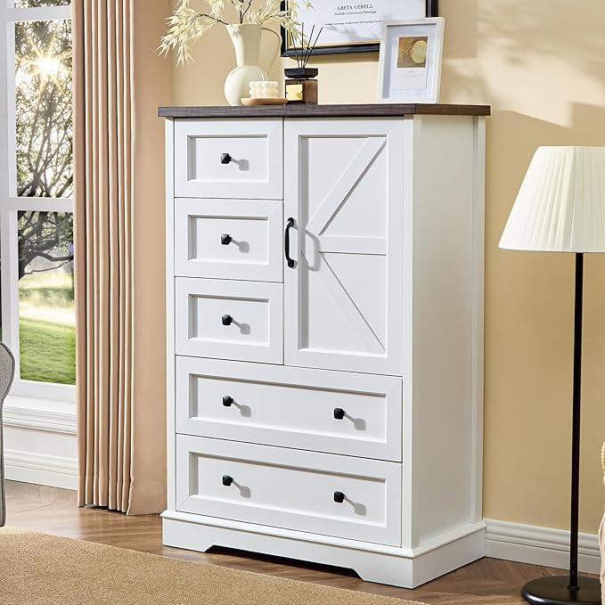 LIDYUK 5 Drawer White Dresser for Bedroom Farmhouse Dresser Chest of Drawers, 48" Tall Clothes Organizer with Storage Cabinet Wood Chest of Drawers for Bedroom, Living Room
