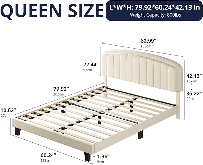 Cozy Castle Queen Bed Frame, Upholstered Platform Bed with Velvet Adjustable Curved Headboard, Mattress Foundation with Strong Wooden Slats, No Box Spring Needed, Easy Assembly, Cream