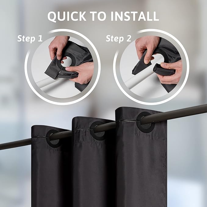 Extra Wide No Hook Black Shower Curtain 108x72 Inch,Polyester Fabric Waterproof Shower Curtain Liner with 14 Plastic Split Grommets,Washable Shower Curtains for Bathroom Hotel Spa Luxury