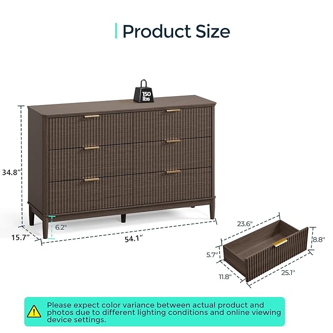 LINSY HOME Fluted Dresser for Bedroom with 6 Drawers, 54" Wide Chest of Drawers, Mid Century Modern Dresser TV Stand with Metal Handle, Wood Closet Storage Cabinet for Living Room, Hallway, Walnut