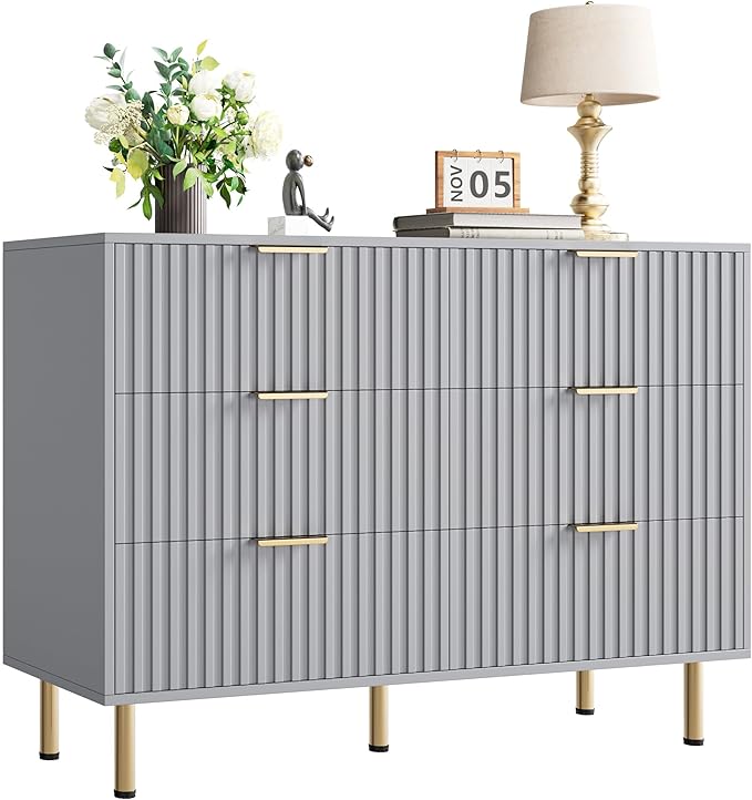 6 Drawer Dresser for Bedroom, Fluted 47.2" Wide Modern Chest of Drawers with Deep Drawers, Long Large Double Dresser TV Stand, Wooden Dresser Organizer for Living Room, Hallway, Kids Room, Grey