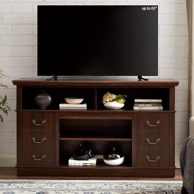 HMFULE 60" Entertainment Center for 60 65 Inch Television, TV Stand with Storage Cabinets & 2 Doors & Adjustable Shelves, Modern TV Console, Rustic Farmhouse Living Room Furniture (Espresso)