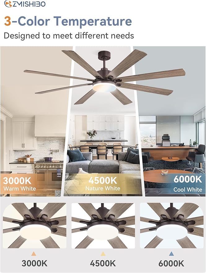 72 Inch Ceiling Fans with Lights, Brown Farmhouse Ceiling Fan with Light, large LED Panel, Quiet Reversible DC Motor, 6-Speeds, 3CCT, large Ceiling Fans with Remote for Patio, Living Room, Garage