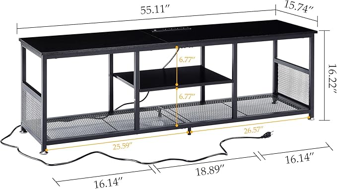VECELO TV Stand with Power Outlets for Televisions up to 65Inch, 55" Media Entertainment Center with Charging Station 3-Tier Open Storage Shelves with Metal Frame for Living Room/Bedroom，Black