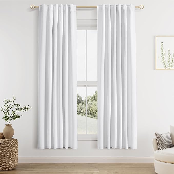 Guken 100% Blackout Linen Curtains 42 Inch Wide by 72 Inch 2 Panels Set for Living Room Bedroom Back Tab Thermal Insulated Black Out Linen Drapes Room Darkening Window Curtains, White