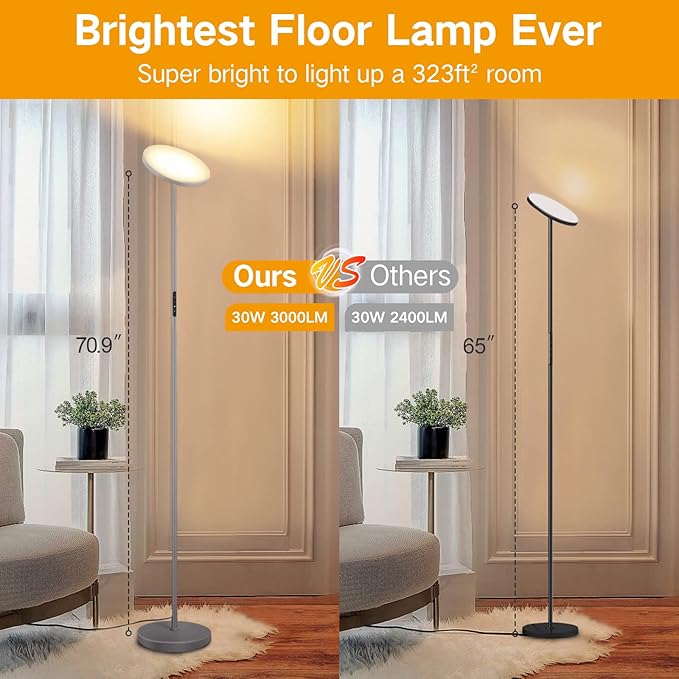 OUTON Floor Lamp, 30W/3000LM LED Modern Torchiere Sky Lamp, Super Bright Dimmable Standing Tall Lamp with 4 Color Temperatures, Remote Touch Control, Timer for Living Room Bedroom Office, Silver Grey