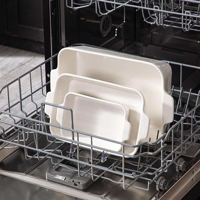 YUN TAO Casserole Dishes for Oven, Porcelain Baking Dishes, Ceramic Bakeware, Rectangular Lasagna Pans Deep with Handles for Baking Cake Kitchen,Cake Dinner,3-Piece (Set of 3, White) (White, 15.1 Inch)