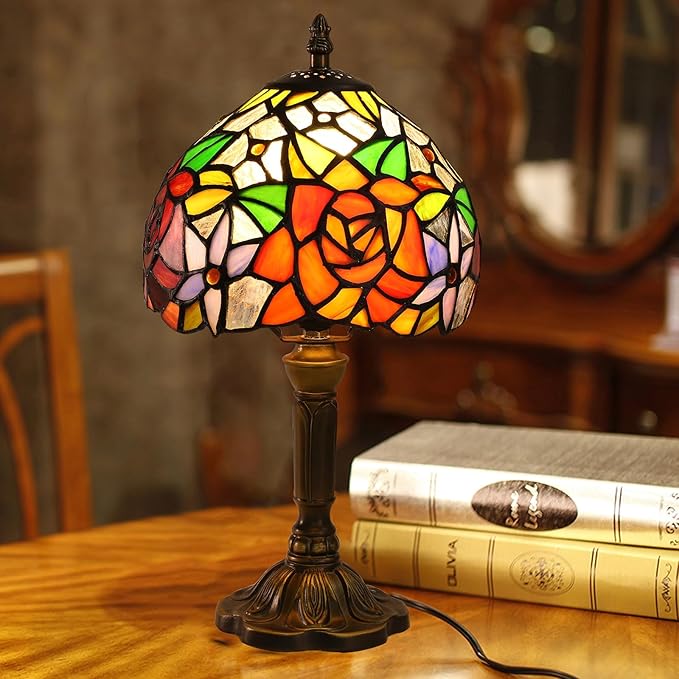 Rose Tiffany Small Table Lamp 3 Way Color Temperatures Stained Glass Bedside Nightstand Table Lamps for Living Room,Bedroom, Home Office Reading Desk Lamp+LED Bulb,8X8X15 Inch