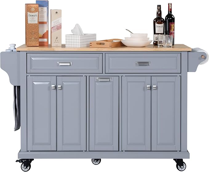 Cambridge Rolling Kitchen Island on Wheels Utility Cart with Spice and Towel Racks and Rubber Wood Countertop, Storage Drawers, Door Cabinets, Gray
