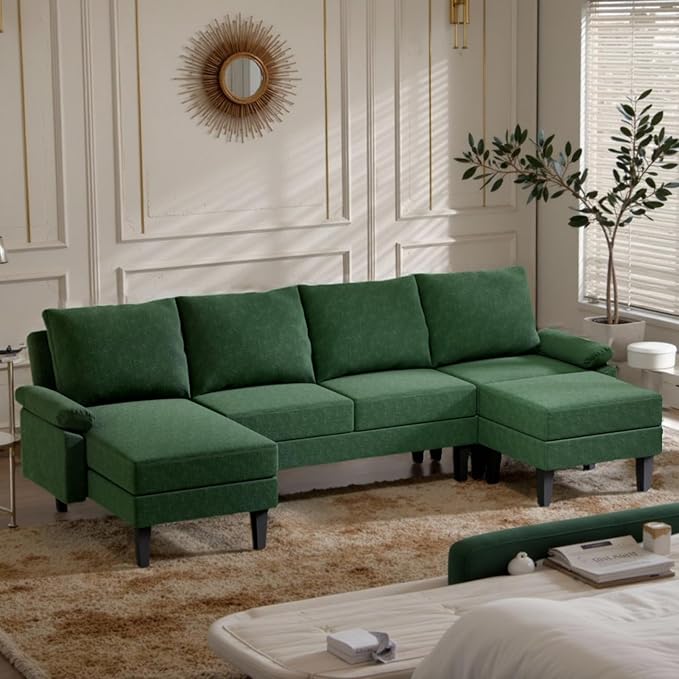 110 Inch U Shaped Sectional Couch with Storage Space, 6-Seat Sofa with Moveable Ottoman, Modern Modular Sofa for Living Room, Apartment, Green