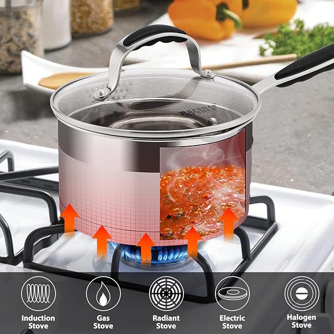 Rorence 2.5 QT Stainless Steel Saucepan, Sauce Pan with Silicone Coated Handles and Pout Spouts, Induction Small Cooking Pot with Clear Transparent Tempered Glass Lid for All Stoves, Dishwasher Safe