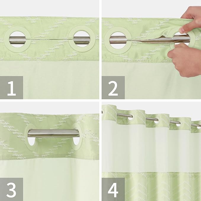 Sage Green No Hook Shower Curtain with Snap-in Liner Set,Boho Modern Farmhouse White Tufted Chevron Striped Design,Woven Fabric Bathroom Curtain,71x74