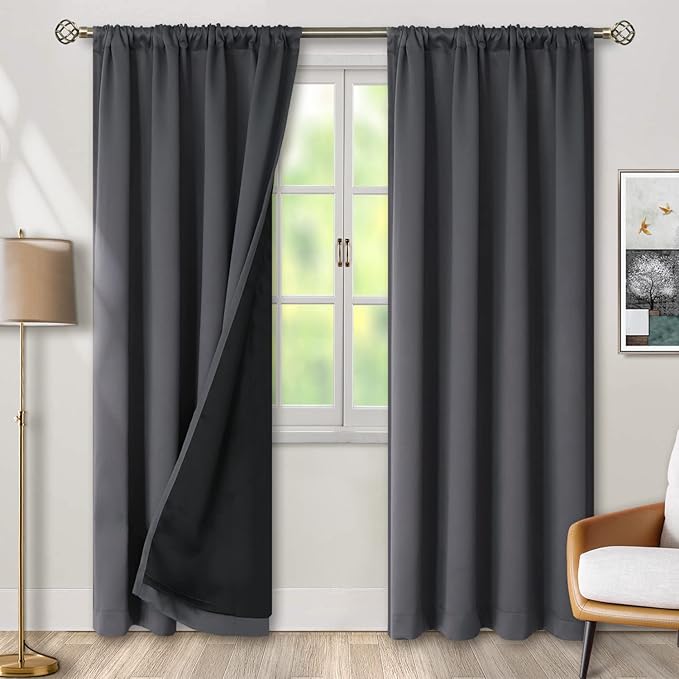 BGment 100% Room Darkening Thermal Insulated Blackout Curtains 84 Inches Long for Bedroom, Rod Pocket and Back Tab Double Layer Noise Cancelling Curtain with Liner (42 x 84 Inch, 2 Panels, Dark Grey)
