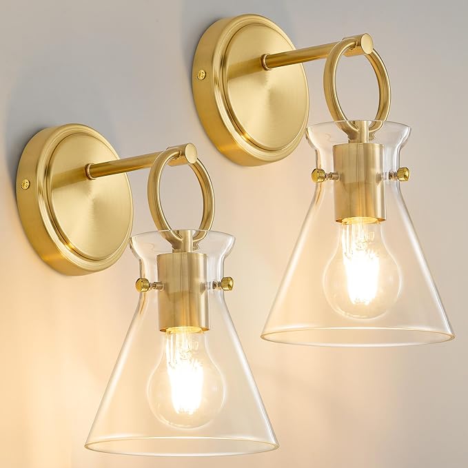Gold Wall Sconces Set of 2 Modern Vanity Light Fixtures for Bathroom Wall Mount Lighting Lamp Hardwired Farmhouse Wall Lights with 6 Inch Clear Glass Shade for Bedroom Living Room Mirror