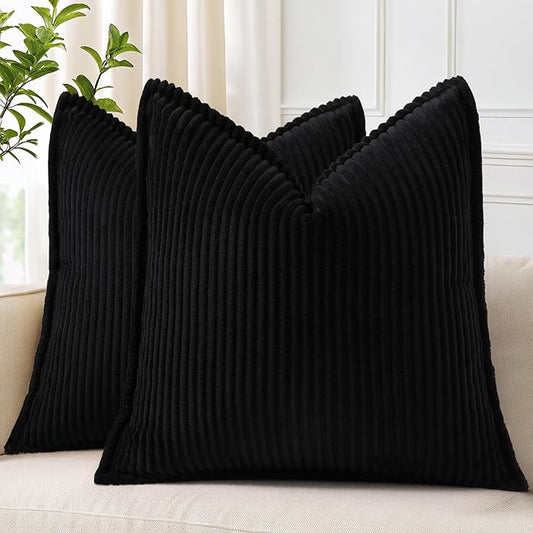 decorUhome Corduroy Black Throw Pillow Covers 16x16 Set of 2 Decorative Soft Boho Striped Neutral Euro Farmhouse Couch Pillow Covers with Broadside for Living Room Bed Sofa