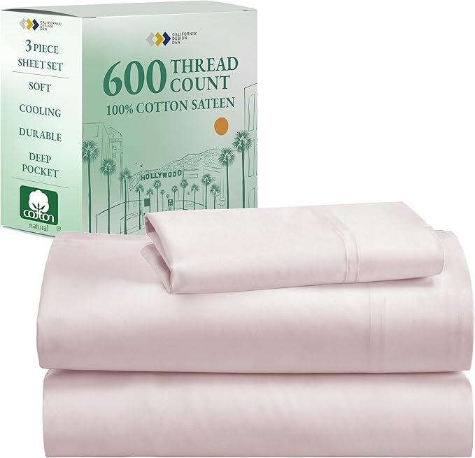 California Design Den 5-Star Hotel-Quality Twin Bed Sheets Cotton, 100% Cotton Sheet Set - 600 Thread Count Sateen with Deep Pockets (Blush Pink)