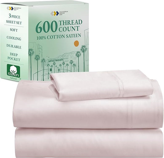 California Design Den 5-Star Hotel-Quality Twin Bed Sheets Cotton, 100% Cotton Sheet Set - 600 Thread Count Sateen with Deep Pockets (Blush Pink)