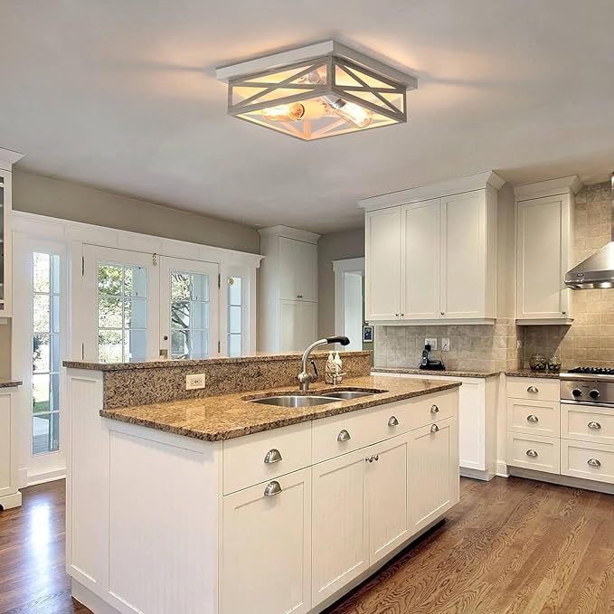 2 Pack White Flush Mount Ceiling Light, Farmhouse Ceiling Light Fixtures, 2-Light Rustic Metal Finish Industrial Kitchen Light Fixture for Bedroom, Hallway Light