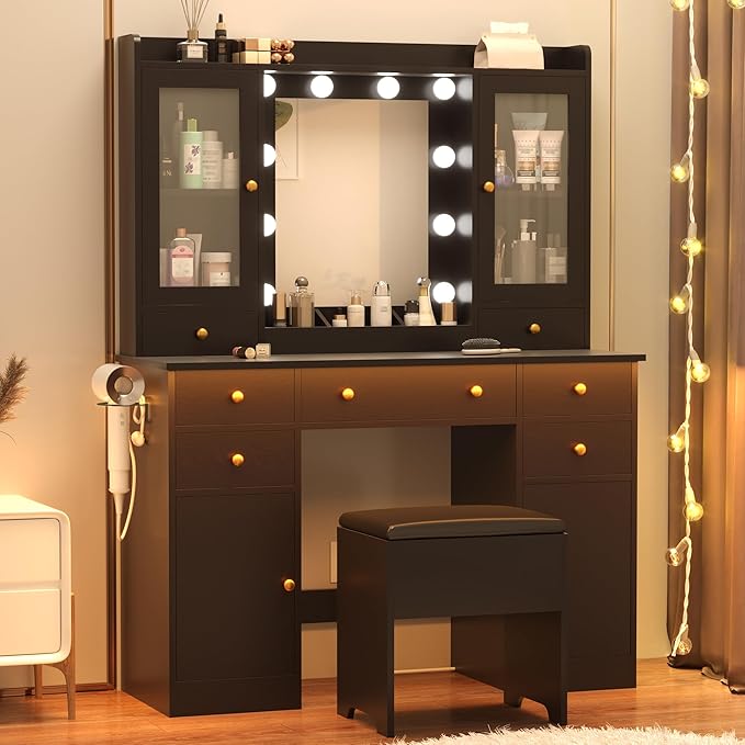 Vanity Desk with Mirror and Lights, 43" Black Makeup Vanity Set with 5 Drawers & Glass Cabinets, Storage Stool, Power Outlet & Adjustable LED Lights, Dressing Table for Women & Girls Bedroom