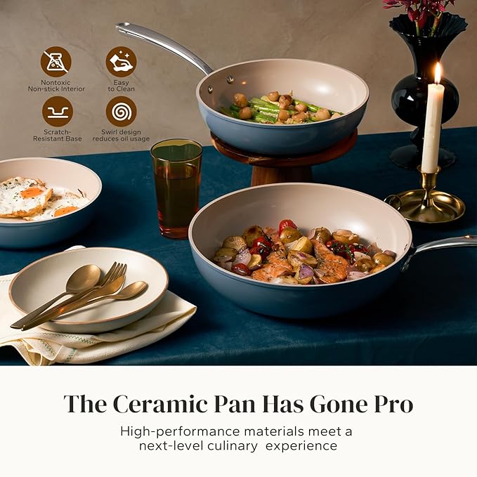 Redchef Nonstick Frying Pans Set, 4-Piece Ceramic Cookware Set, 8" 9.5" 11" Saute Pan Skillet, Non Toxic Pans for Cooking, Pots and Pans Set, PFAS & PTFE & PFOA Free, Dishwasher & Oven Safe, Blue