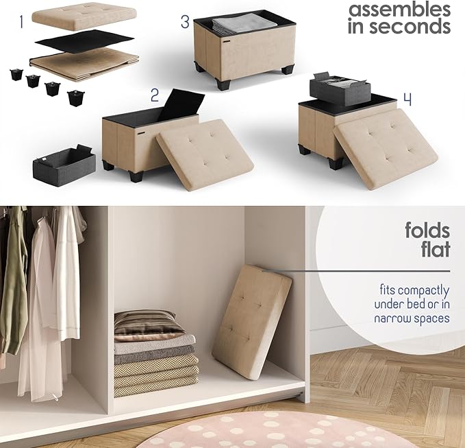 STORAGEBUD Storage Ottoman Cube with Small Bin, 16-in Square Ottoman with Storage for Living Room and Bedroom, Small Ottomans Foot Rest, Velvet Foot Stools Ottomans Max 330lbs, Taupe