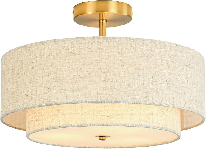 16" Semi Flush Mount Ceiling Light, 3-Light Gold Drum Ceiling Light Fixture with 2-Tier Fabric Linen Shade, Farmhouse Chandelier for Dining Room, Living Room, Bedroom, Kitchen, Hallway, Entryway