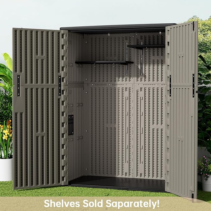 KINYING Outdoor Storage Shed,57 Cu.ft Vertical Outdoor Storage Cabinet Waterproof, Outdoor Resin Tool Shed for Patio Furniture, Garden Tools, Pool Accessories, Lawn Mower(Coffee Color)