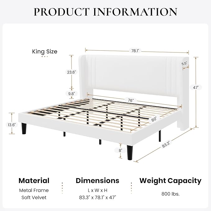 SHA CERLIN King Size Velvet Upholstered Platform Bed Frame with Vertical Channel Tufted Wingback Headboard, Wooden Slats Support, Easy Assembly, Under Bed Storage, No Box Spring Required, White