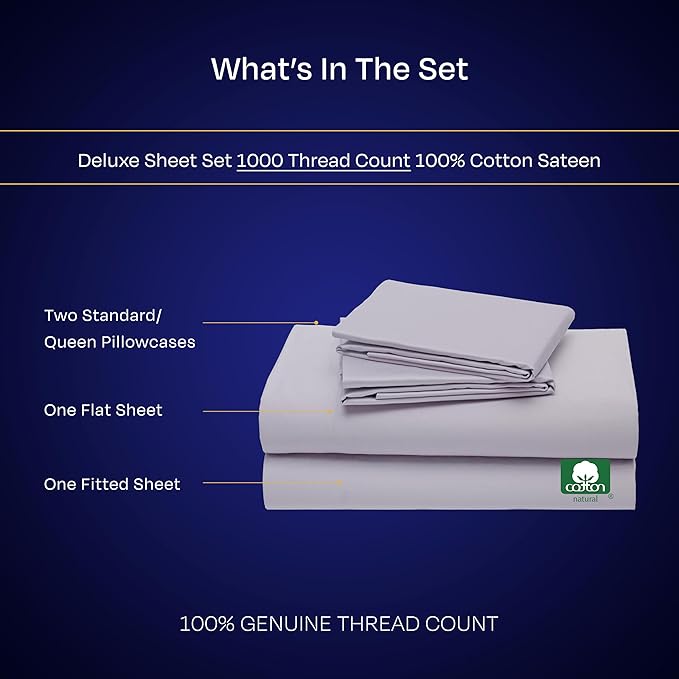 California Design Den Queen Sheet Set - Luxury 1000 Thread Count Sateen, Thick and Natural 100% Cotton Sheets, Deep Pockets, Cool and Durable Bedding Set - Lavender Grey