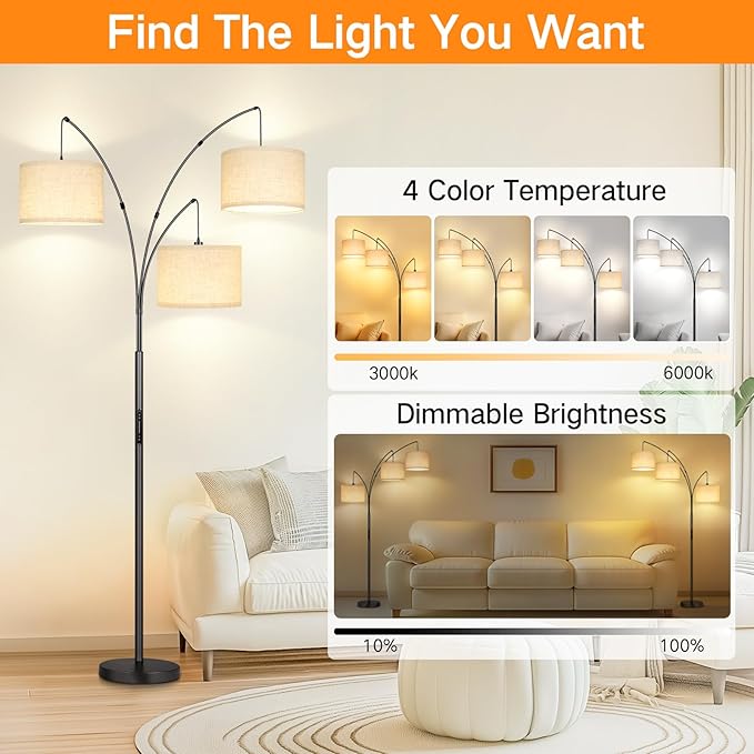 OUTON Arc LED Floor Lamp with Remote & Touch Control, Dimmable Modern Black 3 Light Arched Tall Floor Lamp, Mid Century Adjustable Standing Corner Lamps for Bedroom, Office, Living Room