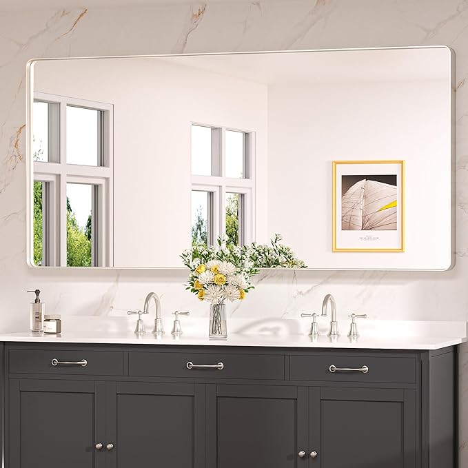 Keonjinn 72 x 36 Brushed Nickel Bathroom Vanity Mirror, Large Rounded Rectangle Bathroom Mirrors for over Sink, Metal Framed Silver Mirror for Wall, Shatterproof HD Tempered Glass(Horizontal/Vertical)