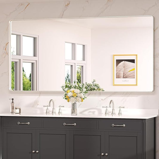 Keonjinn 72 x 36 Brushed Nickel Bathroom Vanity Mirror, Large Rounded Rectangle Bathroom Mirrors for over Sink, Metal Framed Silver Mirror for Wall, Shatterproof HD Tempered Glass(Horizontal/Vertical)