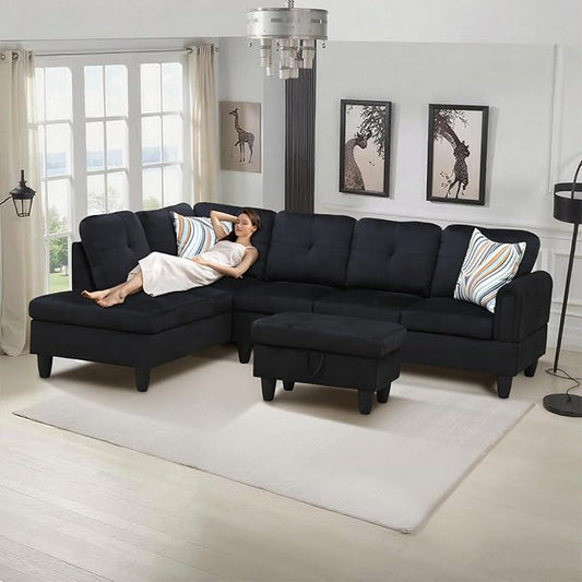 L-Shape 3-Piece Cloud Sofa, Couch for Living Room, BlackFlannel Fabric L-Shape with Reversible Chaise & Storage Ottoman, Ergonomic 110–115° Recline, Solid-Wood Frame