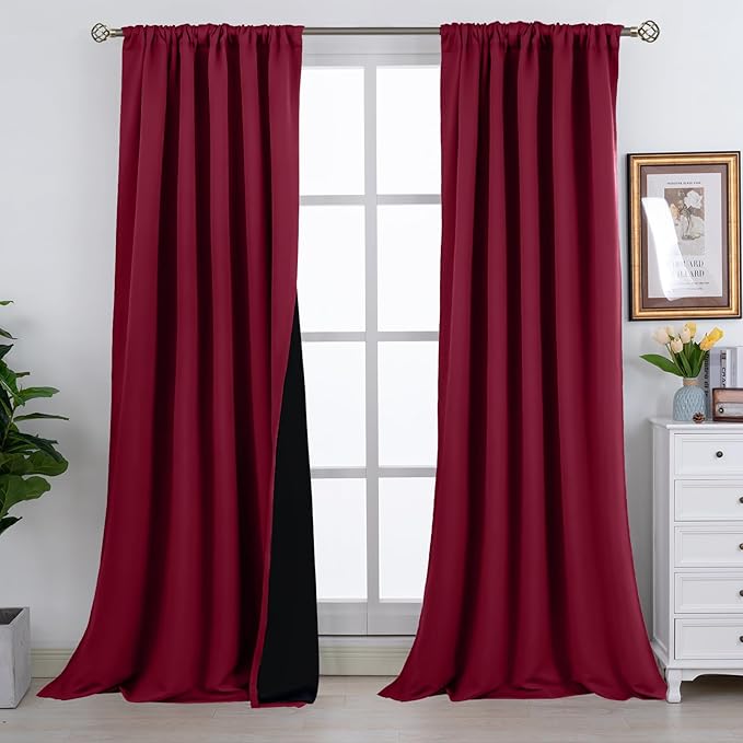 BGment Full Blackout Curtains with Thermal Insulation Liner Curtains 108 Inches Long, Rod Pocket and Back Tab Double Layer Room Darkening Window Curtain for Bedroom(52 x 108 Inch, 2 Panels, Burgundy)