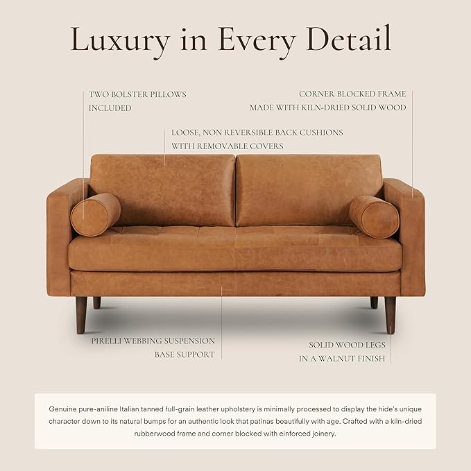 Poly & Bark Napa Leather Couch - 72 Inch Apartment Sofa with 2 Bolsters - Full-Grain Leather Sofa for Living Room with Feather-Down Topper - Living Room Couch - Vintage Italian Leather in Cognac Tan