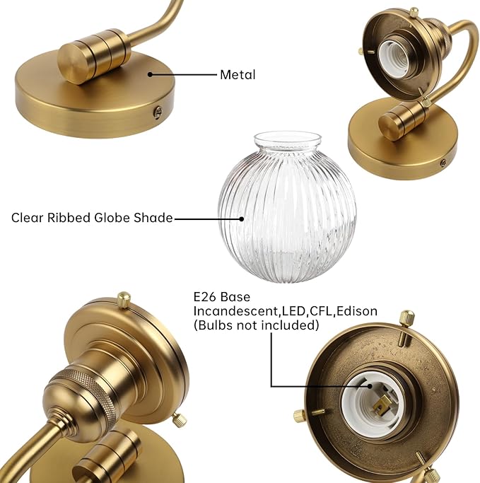 Industrial Vintage Gooseneck 1-Light Wall Sconce with 5.9" Round Ribbed Clear Glass Globe Lampshade Indoor Wall Mounted Lamp Fixture for Bedroom Living Room Bathroom Vanity