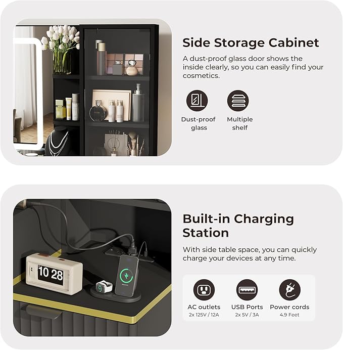 Vanity Desk with Mirror and Lights, Fluted Makeup Vanity with Glass top, 48" Big Modern Vanity with 5 Drawers & Glass Cabinet, Black Vanity with 3 Lighting Modes for Bedroom