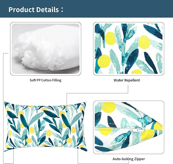 Outdoor Lumbar Pillows 12x20 inch, Rectangle Throw Pillows with Inserts, Decorative Lumbar Cushions for Patio Furniture Garden Couch Home Sofa Office Chair, Pack of 2, Leaves Multi