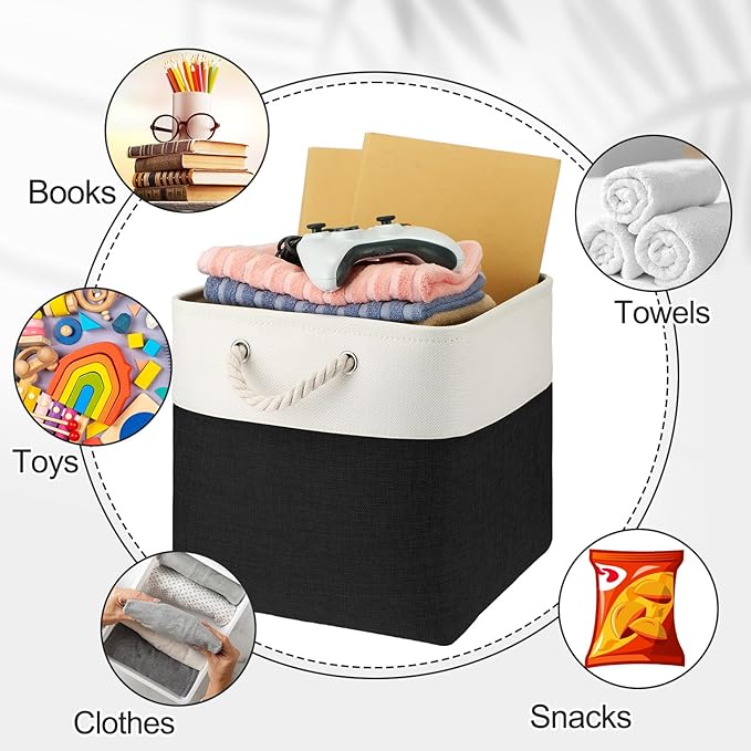 meekoo 8 Pack Collapsible Storage Bins Fabric Storage Bins Polyester Fabric Baskets with Handles Linen Closet Organizer for Shelf Home Closet Towels Toys(12 x 12 x 12 in,Black White)