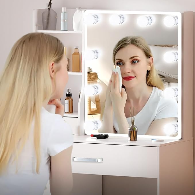 Makeup Vanity Desk with Mirror Lights, Vanity Table with 6 Drawers and Cabinet, Small Vanity Set with Chair Stool, 3 Modes Adjustable Sliding Mirror, White Vanity for Bedroom