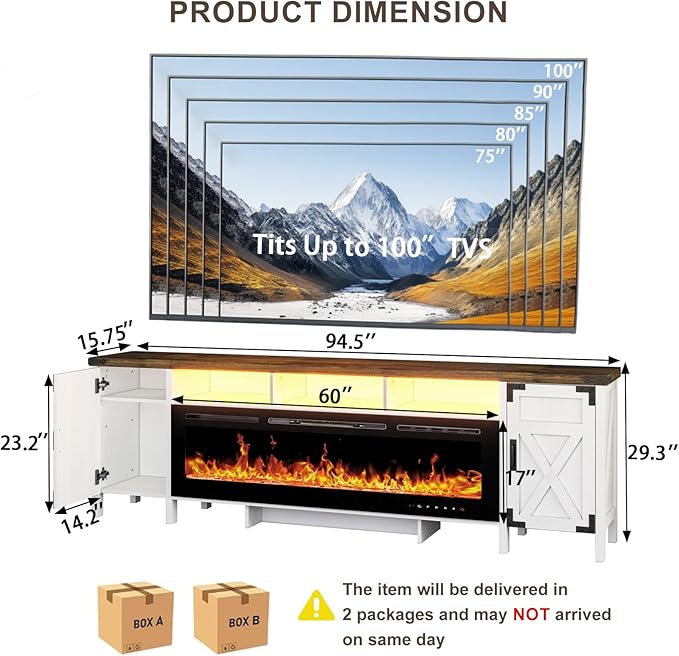 94.5" Fireplace TV Stand for TVs Up to 100", Farmhouse Entertainment Center with 60" Electric Fireplace & LED Lights, Large TV Console for Living Room, Barn Door Cabinet & Open Shelf, White