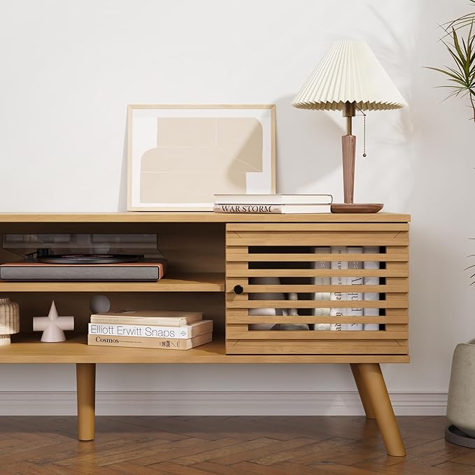 53" Mid Century Modern TV Stand for 50/55/60 inch TV, TV Media Console with Slatted Doors for TVs up to 60", Entertainment Center with Storage for Living Room, Bedroom, Oak