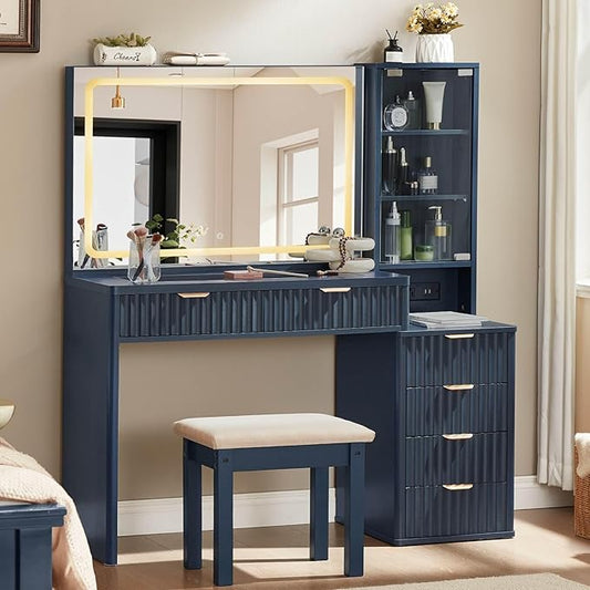 LEYAOYAO Fluted Makeup Vanity Desk with Mirror and Lights, 43.5'' Blue Vanity Table with Glass Top and Power Outlet, Make Up Vanity with 6 Drawers and Adjustable Shelves for Bedroom