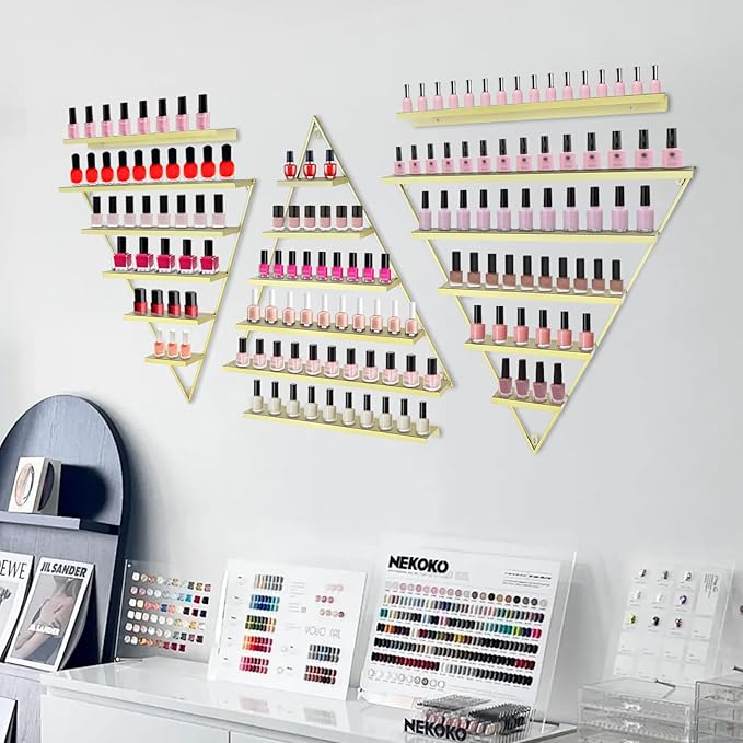 5-Tier Wall Mounted Nail Polish Organizer – Gold Iron Triangle Display Rack for Nail Salon & Home – Holds 110 lbs, for Polishes, Lipstick, Perfume, Cosmetics – Modern Metallic Finish